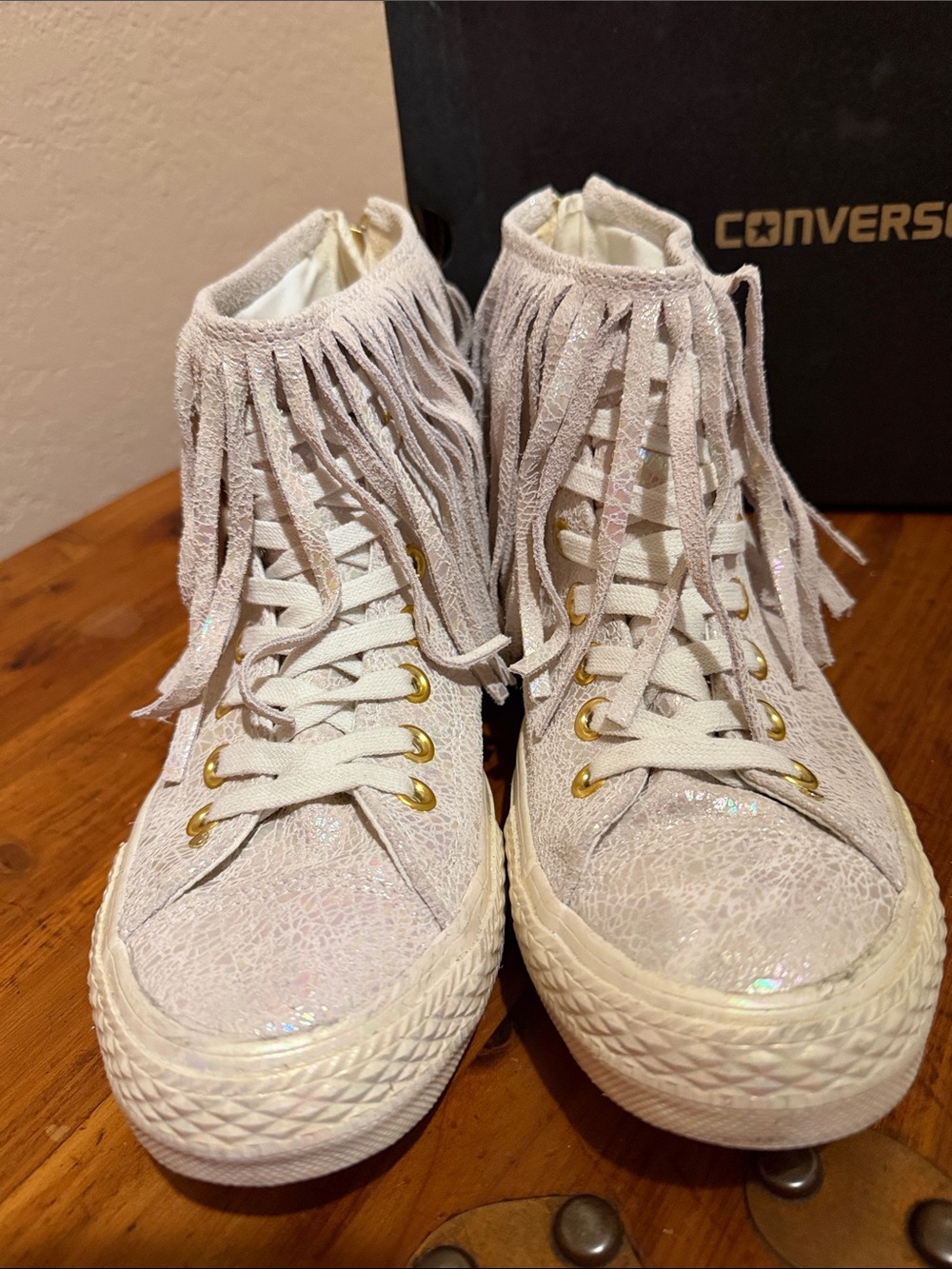 Converse Iridescent Fringe Off White Women's Leather High-Top Sneakers - Picture 3 of 9